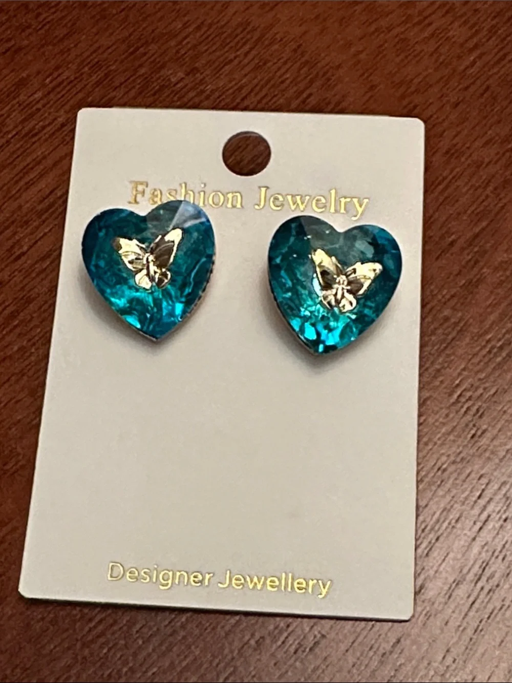 Fashion Jewelry Turquoise Heart Earrings with Gold Butterfly Accent